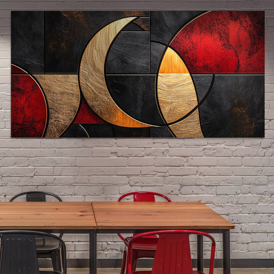 Tablou Canvas Premium, LuxCanva® C1307, Aurul Noptii, Geometrie, Culori, Abstract, Auriu, Cerc, Arc, Linii, Rosu, Asimetrie, Colectie, Galerie, Expresiv, Premium, Visare, Birou, Living, Dormitor