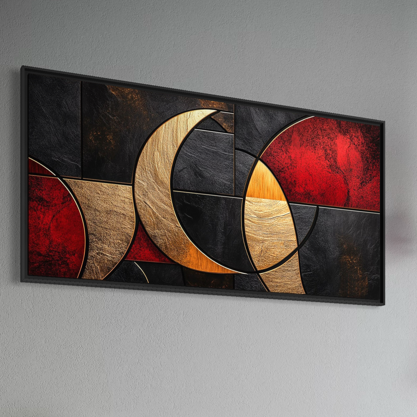 Tablou Canvas Premium, LuxCanva® C1307, Aurul Noptii, Geometrie, Culori, Abstract, Auriu, Cerc, Arc, Linii, Rosu, Asimetrie, Colectie, Galerie, Expresiv, Premium, Visare, Birou, Living, Dormitor