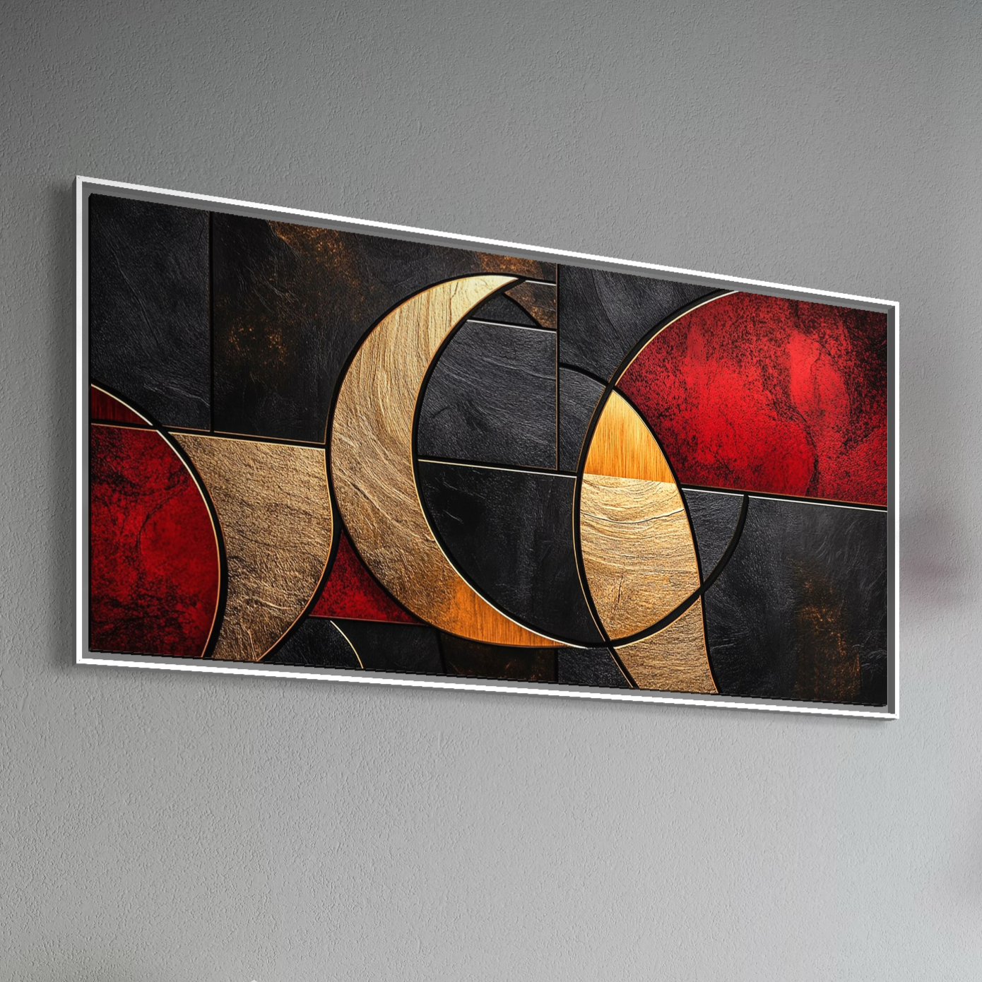 Tablou Canvas Premium, LuxCanva® C1307, Aurul Noptii, Geometrie, Culori, Abstract, Auriu, Cerc, Arc, Linii, Rosu, Asimetrie, Colectie, Galerie, Expresiv, Premium, Visare, Birou, Living, Dormitor