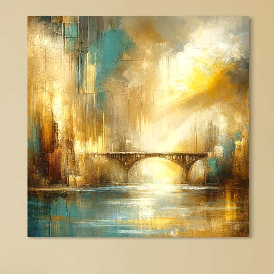 Tablou Canvas Premium, LuxCanva® C1310, Respiratia Zorilor, Culori, Abstract, Auriu, Pod, Trecere, Oras, Plimbare, Romantism, Dimineata, Lumina, Reflexie, Aur, Punte, Birou, Living, Dormitor