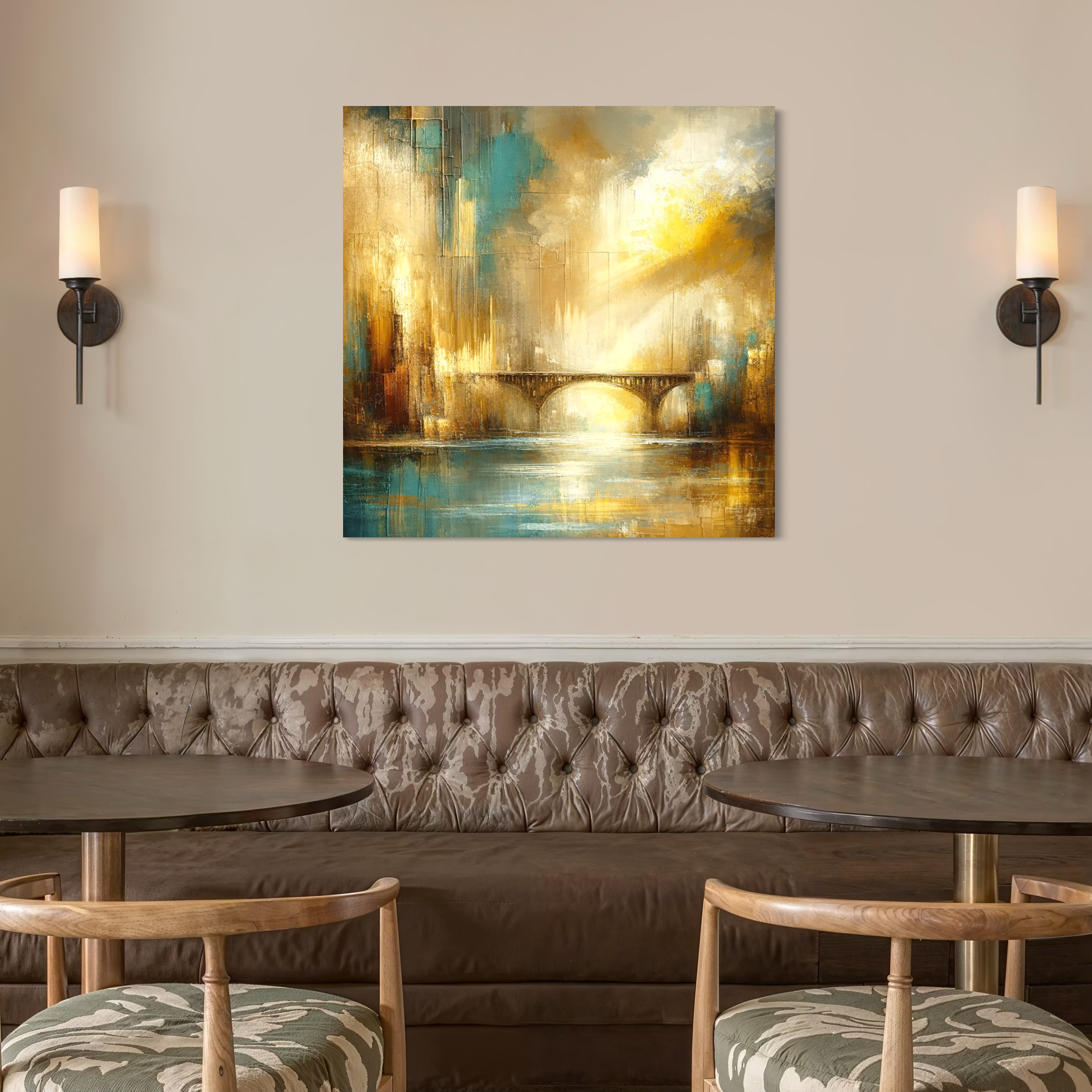 Tablou Canvas Premium, LuxCanva® C1310, Respiratia Zorilor, Culori, Abstract, Auriu, Pod, Trecere, Oras, Plimbare, Romantism, Dimineata, Lumina, Reflexie, Aur, Punte, Birou, Living, Dormitor