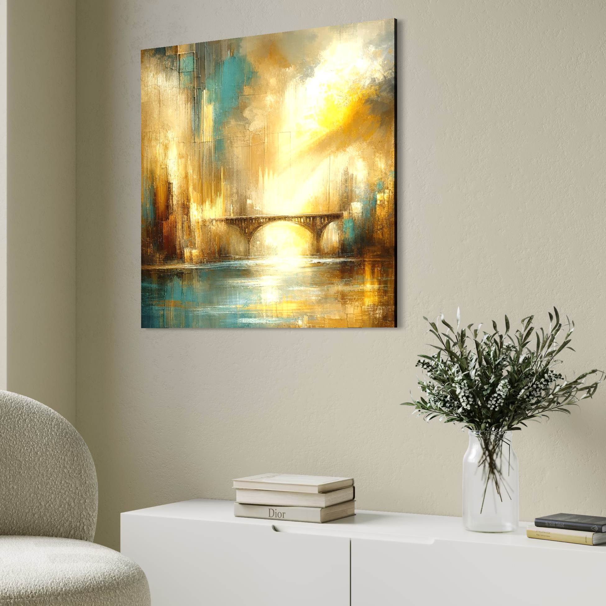 Tablou Canvas Premium, LuxCanva® C1310, Respiratia Zorilor, Culori, Abstract, Auriu, Pod, Trecere, Oras, Plimbare, Romantism, Dimineata, Lumina, Reflexie, Aur, Punte, Birou, Living, Dormitor