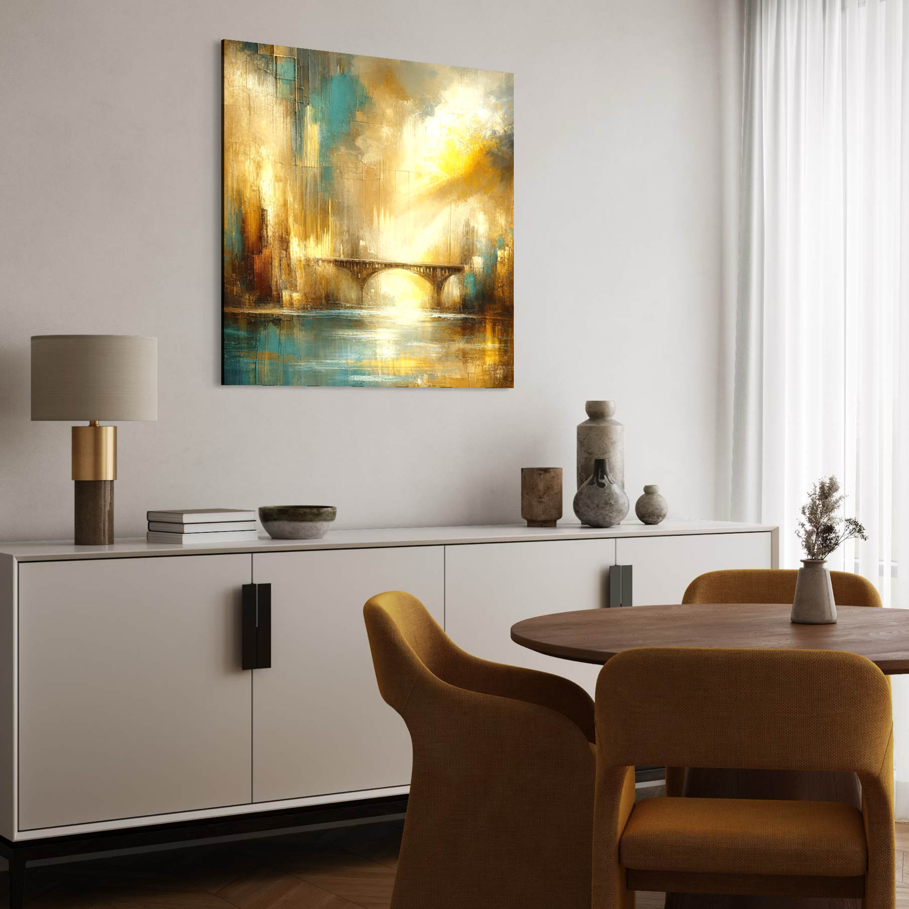 Tablou Canvas Premium, LuxCanva® C1310, Respiratia Zorilor, Culori, Abstract, Auriu, Pod, Trecere, Oras, Plimbare, Romantism, Dimineata, Lumina, Reflexie, Aur, Punte, Birou, Living, Dormitor