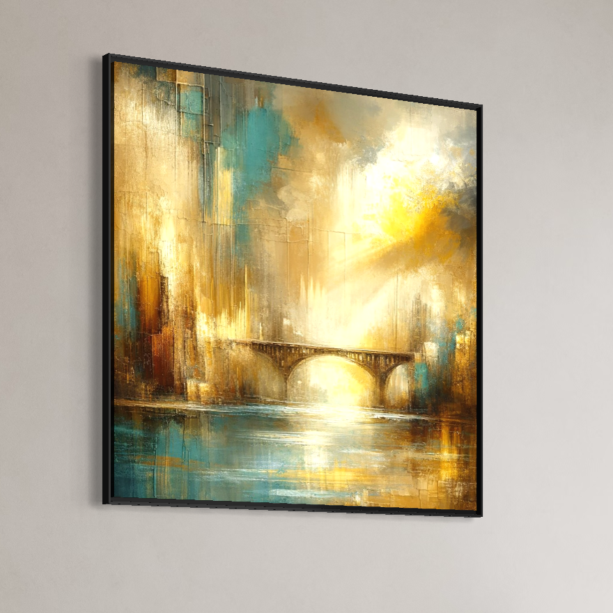 Tablou Canvas Premium, LuxCanva® C1310, Respiratia Zorilor, Culori, Abstract, Auriu, Pod, Trecere, Oras, Plimbare, Romantism, Dimineata, Lumina, Reflexie, Aur, Punte, Birou, Living, Dormitor