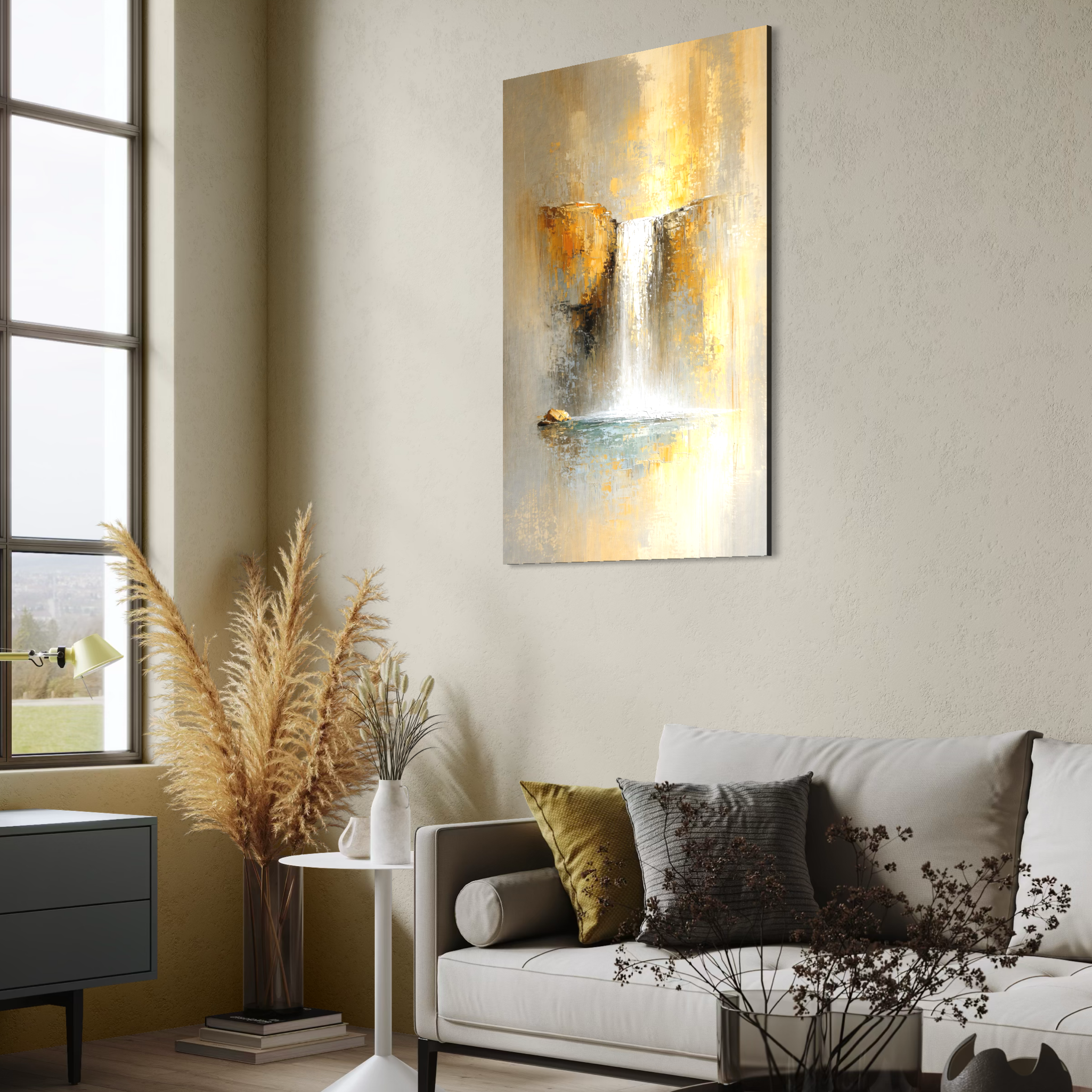 Tablou Canvas Premium, LuxCanva® C1311, Rugaciunea Apei, Culori, Abstract, Auriu, Cadere, Curgere, Cascada, Gold, Purificare, Ritual, Energie, Natura, Contemplare, Visare, Birou, Living, Dormitor