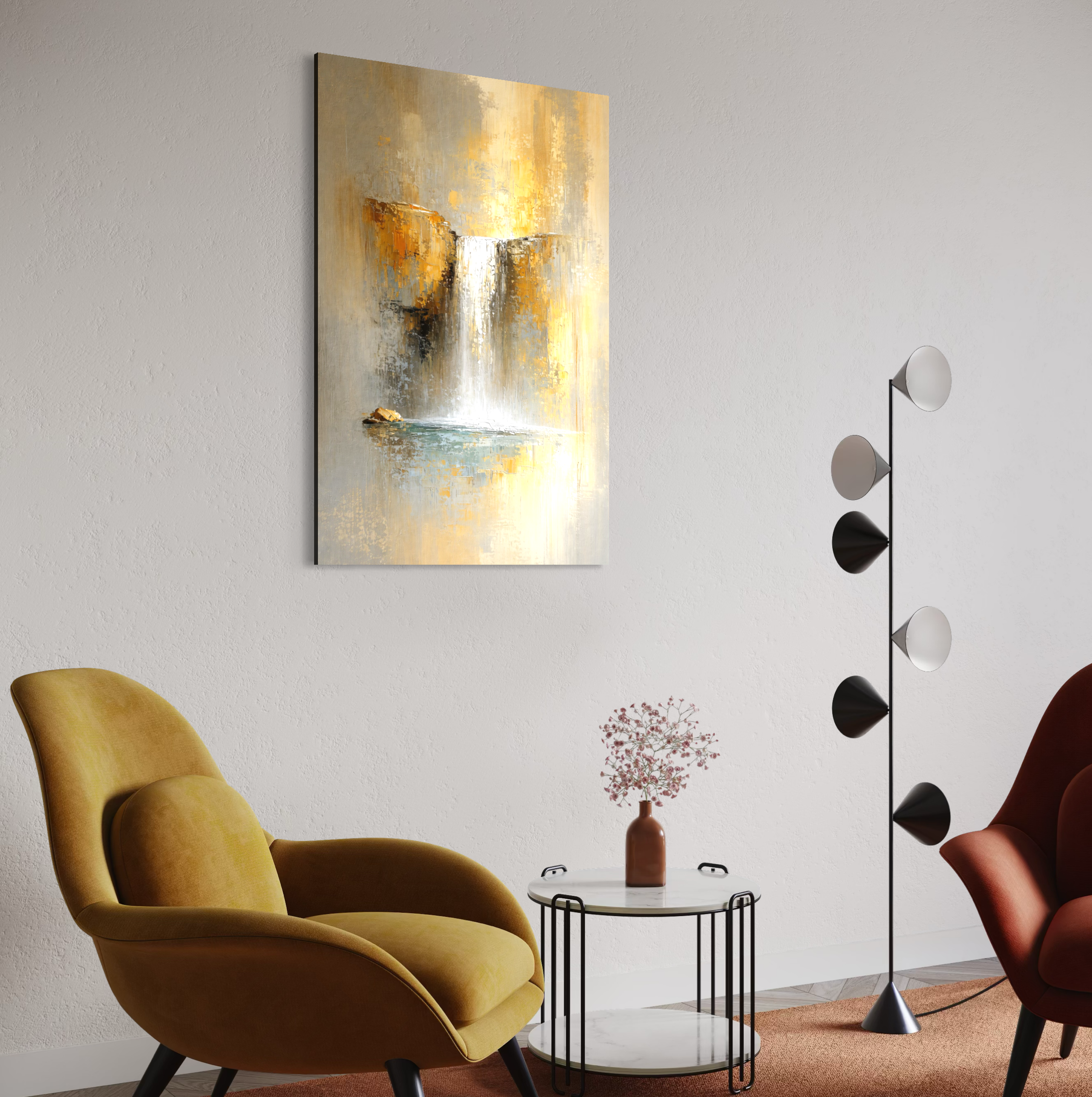 Tablou Canvas Premium, LuxCanva® C1311, Rugaciunea Apei, Culori, Abstract, Auriu, Cadere, Curgere, Cascada, Gold, Purificare, Ritual, Energie, Natura, Contemplare, Visare, Birou, Living, Dormitor