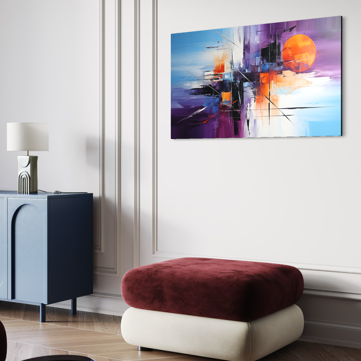 Tablou Canvas Premium, LuxCanva® C1312, Rasarit Artificial, Culori, Abstract, Dinamism, Modern, Portocaliu, Violet, Albastru, Linii, Traseu, Haos, Futurist, Miscare, Birou, Living, Dormitor