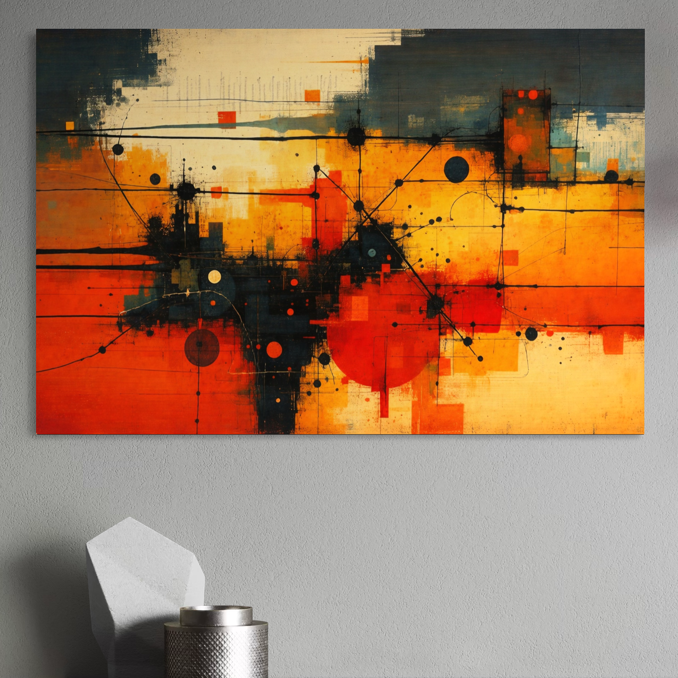 Tablou Canvas Premium, LuxCanva® C1313, Reteaua Focului, Culori, Abstract, Dinamism, Modern, Portocaliu, Rosu, Negru, Conectare, Retea, Structura, Arhitectural, Tehnologic, Birou, Living, Dormitor