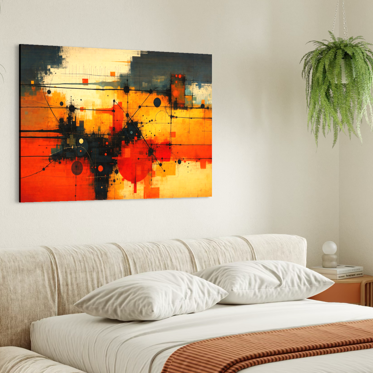 Tablou Canvas Premium, LuxCanva® C1313, Reteaua Focului, Culori, Abstract, Dinamism, Modern, Portocaliu, Rosu, Negru, Conectare, Retea, Structura, Arhitectural, Tehnologic, Birou, Living, Dormitor