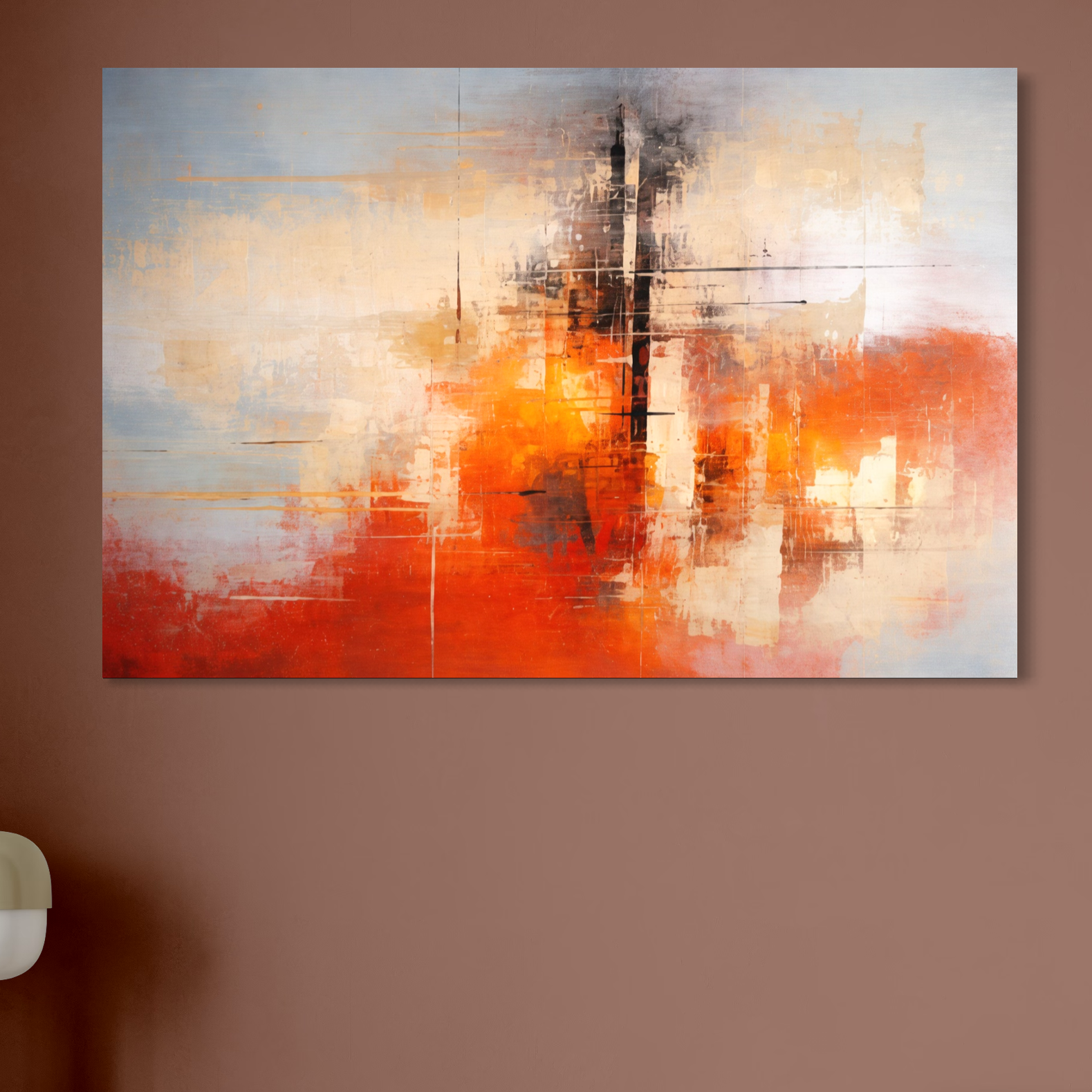 Tablou Canvas Premium, LuxCanva® C1314, Intre Cer si Beton, Culori, Abstract, Dinamism, Modern, Portocaliu, Rosu, Gri, Conectare, Retea, Structura, Arhitectural, Ziduri, Birou, Living, Dormitor