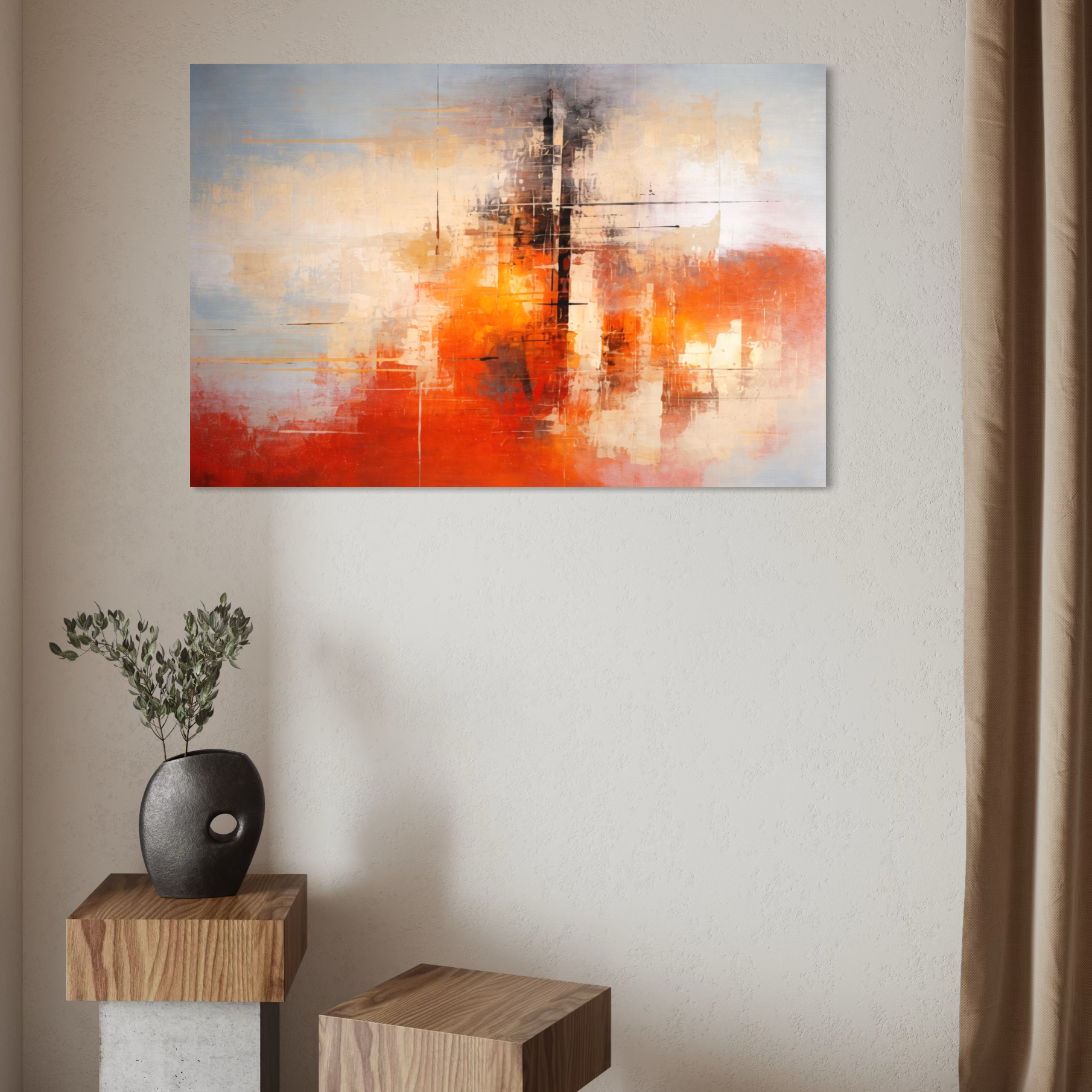 Tablou Canvas Premium, LuxCanva® C1314, Intre Cer si Beton, Culori, Abstract, Dinamism, Modern, Portocaliu, Rosu, Gri, Conectare, Retea, Structura, Arhitectural, Ziduri, Birou, Living, Dormitor