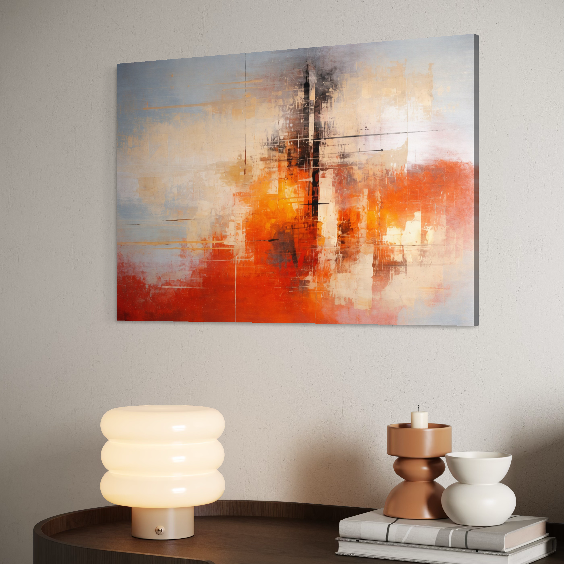 Tablou Canvas Premium, LuxCanva® C1314, Intre Cer si Beton, Culori, Abstract, Dinamism, Modern, Portocaliu, Rosu, Gri, Conectare, Retea, Structura, Arhitectural, Ziduri, Birou, Living, Dormitor