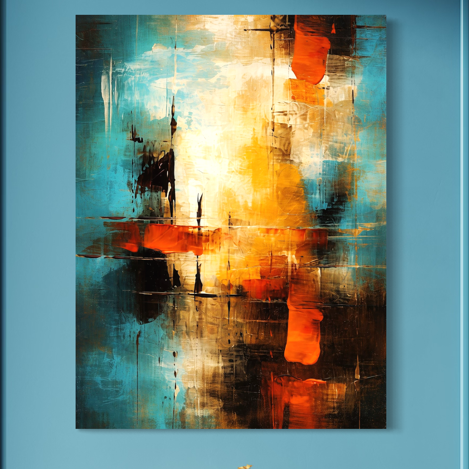 Tablou Canvas Premium, LuxCanva® C1315, Ardere Lenta, Culori, Abstract, Dinamism, Modern, Portocaliu, Rosu, Albastru, Mare, Vapoare, Fereastra, Cer, Arhitectural, Ziduri, Birou, Living, Dormitor