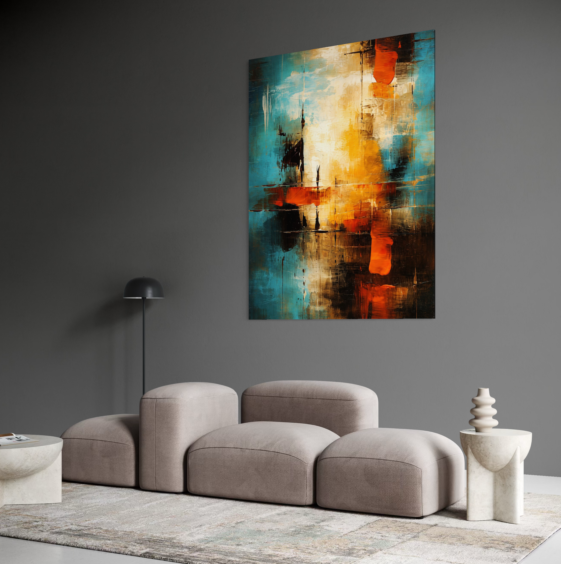 Tablou Canvas Premium, LuxCanva® C1315, Ardere Lenta, Culori, Abstract, Dinamism, Modern, Portocaliu, Rosu, Albastru, Mare, Vapoare, Fereastra, Cer, Arhitectural, Ziduri, Birou, Living, Dormitor