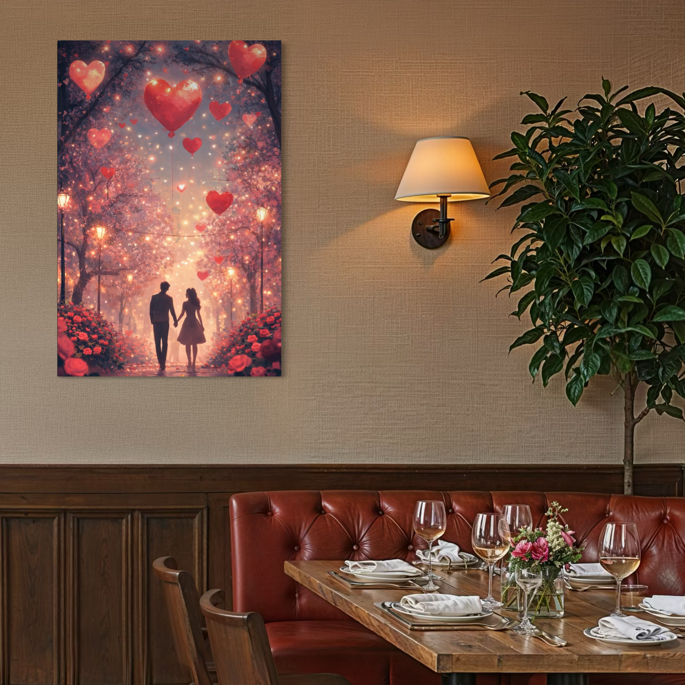 Tablou Canvas Premium, LuxCanva® E1063, Aleea Inimilor Aprinse, Dragoste, Inima, Iubire, Plimbare, Indragostiti, Cuplu, Alee, Parc, Noapte, Feeric, Romantism, Arta, Living, Dormitor