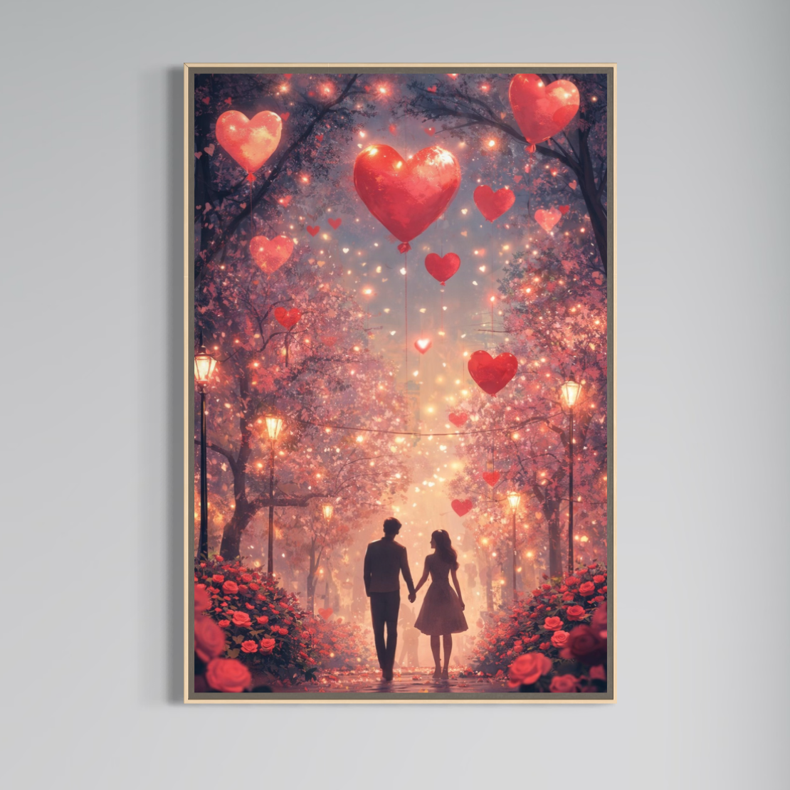 Tablou Canvas Premium, LuxCanva® E1063, Aleea Inimilor Aprinse, Dragoste, Inima, Iubire, Plimbare, Indragostiti, Cuplu, Alee, Parc, Noapte, Feeric, Romantism, Arta, Living, Dormitor