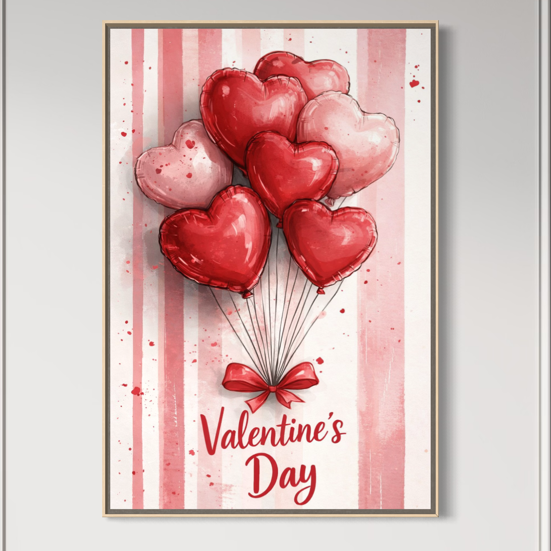 Tablou Canvas Premium, LuxCanva® E1069, Inimi pentru Valentine’s Day, Dragoste, Eternitate, Baloane, Inima, Rosu, Declaratie, Plutire, Aer, Cadou, Emotie, Daruire, Cuplu, Living, Dormitor