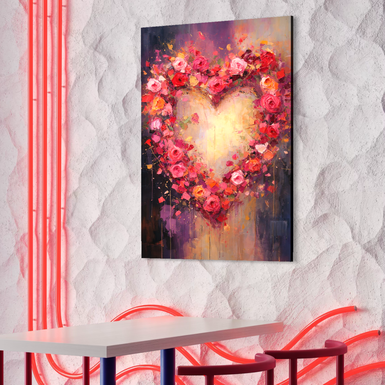 Tablou Canvas Premium, LuxCanva® E1070, Cand Iubirea Infloreste, Dragoste, Inima, Trandafiri, Puls, Dragoste, Flori, Gradina, Eden, Petale, Suflet, Rosu, Roz, Emotie, Living, Dormitor