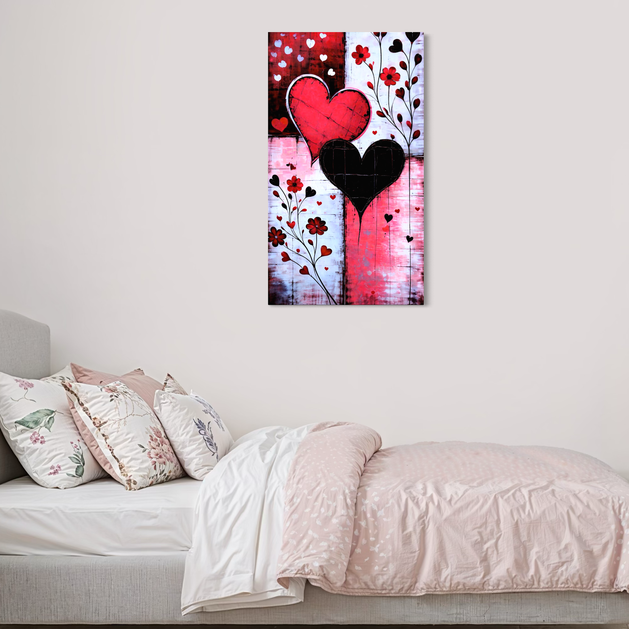 Tablou Canvas Premium, LuxCanva® E1071, Cand Inimile Vorbesc, Dragoste, Inima, Alb, Rosu, Flori, Aniversare, Cadou, Emotie, Armonie, Contraste, Impletit, Poveste, Living, Dormitor