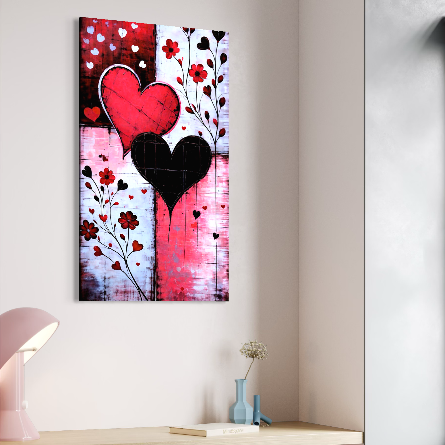 Tablou Canvas Premium, LuxCanva® E1071, Cand Inimile Vorbesc, Dragoste, Inima, Alb, Rosu, Flori, Aniversare, Cadou, Emotie, Armonie, Contraste, Impletit, Poveste, Living, Dormitor