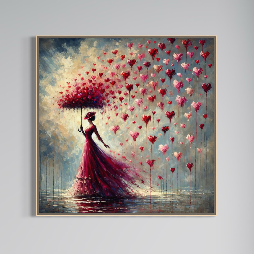 Tablou Canvas Premium, LuxCanva® E1072, Femeia si Ploaia de Inimi, Dragoste, Inima, Umbrela, Rochie, Ploaie, Plimbare, Visare, Sentimente, Feminitate, Sensibilitate, Living, Dormitor