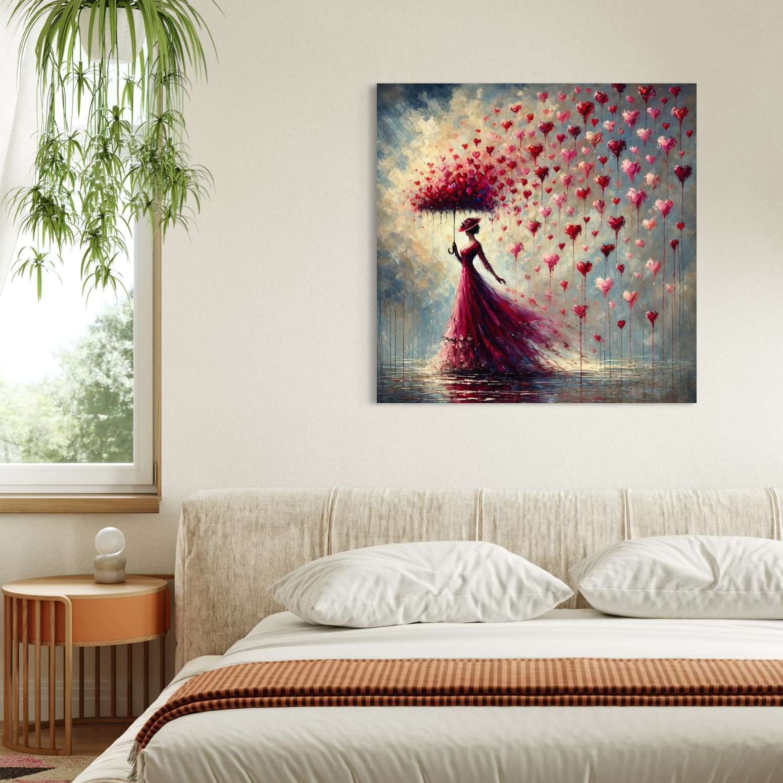 Tablou Canvas Premium, LuxCanva® E1072, Femeia si Ploaia de Inimi, Dragoste, Inima, Umbrela, Rochie, Ploaie, Plimbare, Visare, Sentimente, Feminitate, Sensibilitate, Living, Dormitor