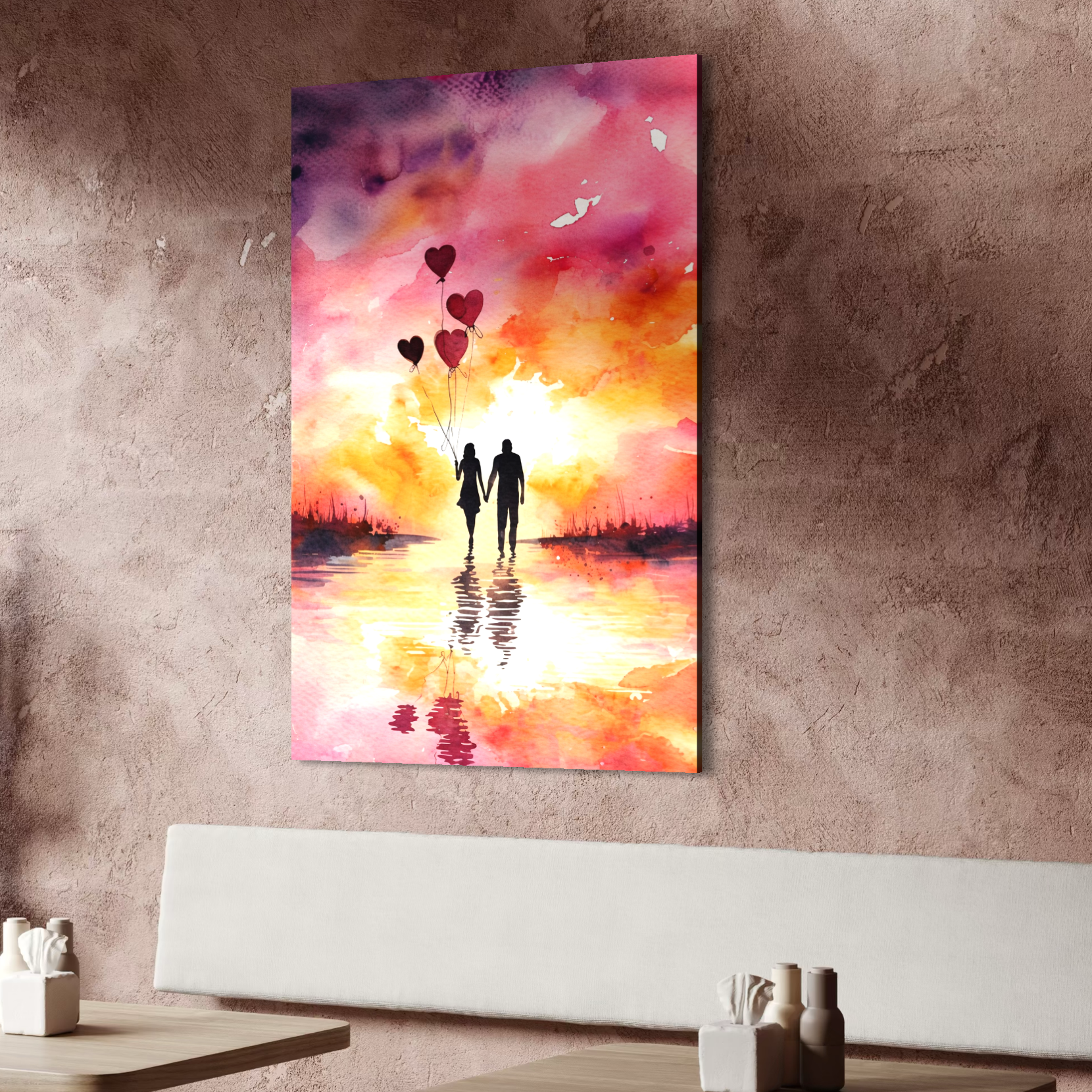 Tablou Canvas Premium, LuxCanva® E1073, Dragoste Fara Sfarsit, Dragoste, Inima, Lumina, Calatorie, Cuplu, Apus, Orizont, Cer, Promisiune, Eternitate, Barbat, Femeie, Living, Dormitor