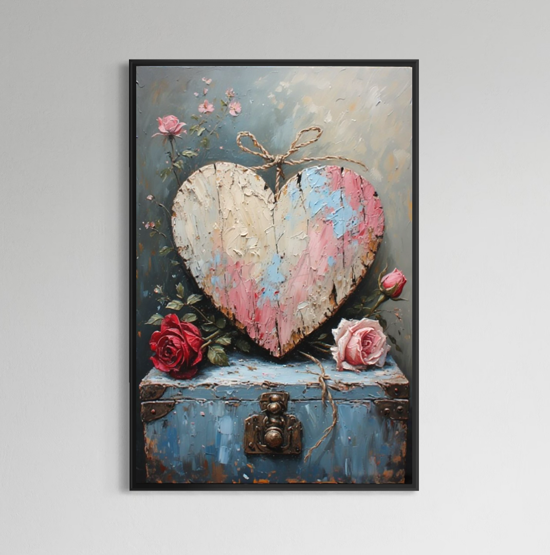 Tablou Canvas Premium, LuxCanva® E1077, Iubire Pastrata in Timp, Dragoste, Cufar, Comoara, Flori, Trandafiri, Lemn, Vintage, Amintiri, Iubire, Valentine’s Day, Lacat, Cheie, Living, Dormitor