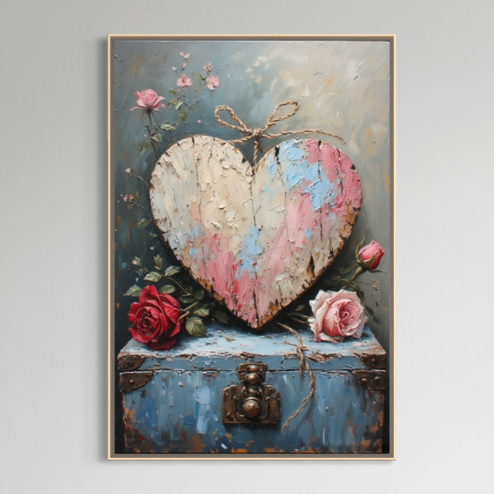 Tablou Canvas Premium, LuxCanva® E1077, Iubire Pastrata in Timp, Dragoste, Cufar, Comoara, Flori, Trandafiri, Lemn, Vintage, Amintiri, Iubire, Valentine’s Day, Lacat, Cheie, Living, Dormitor