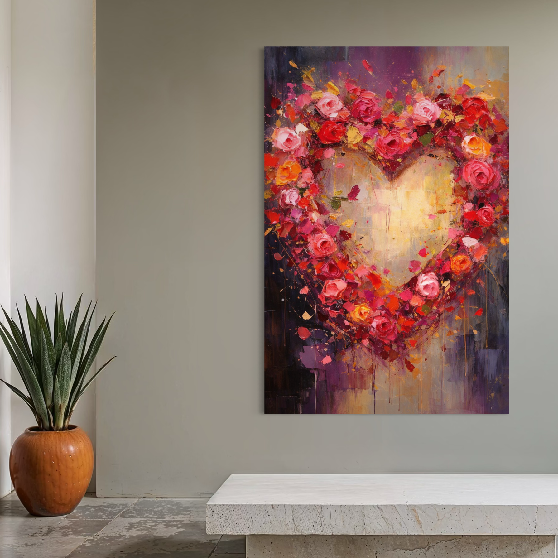 Tablou Canvas Premium, LuxCanva® E1082, Inima din Trandafiri, Dragoste, Inima, Roz, Flori, Coronita, Iubire, Valentine’s Day, Buchet, Promisiune, Daruire, Living, Dormitor