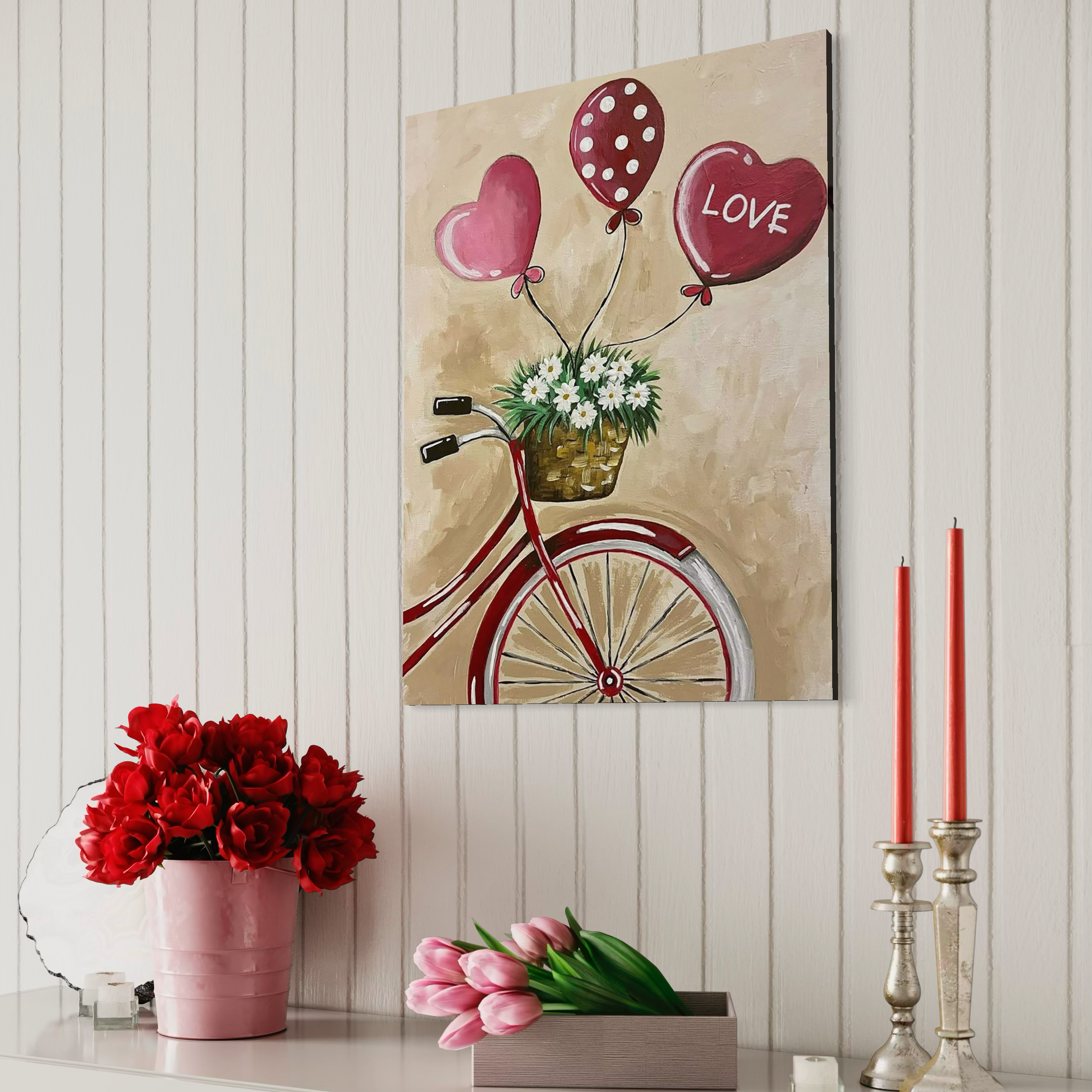 Tablou Canvas Premium, LuxCanva® E1084, Iubire pe Doua Roti, Dragoste, Inima, Flori, Iubire, Clasic, Vintage, Retro, Bicicleta, Plimbare, Drum, Calatorie, Living, Dormitor