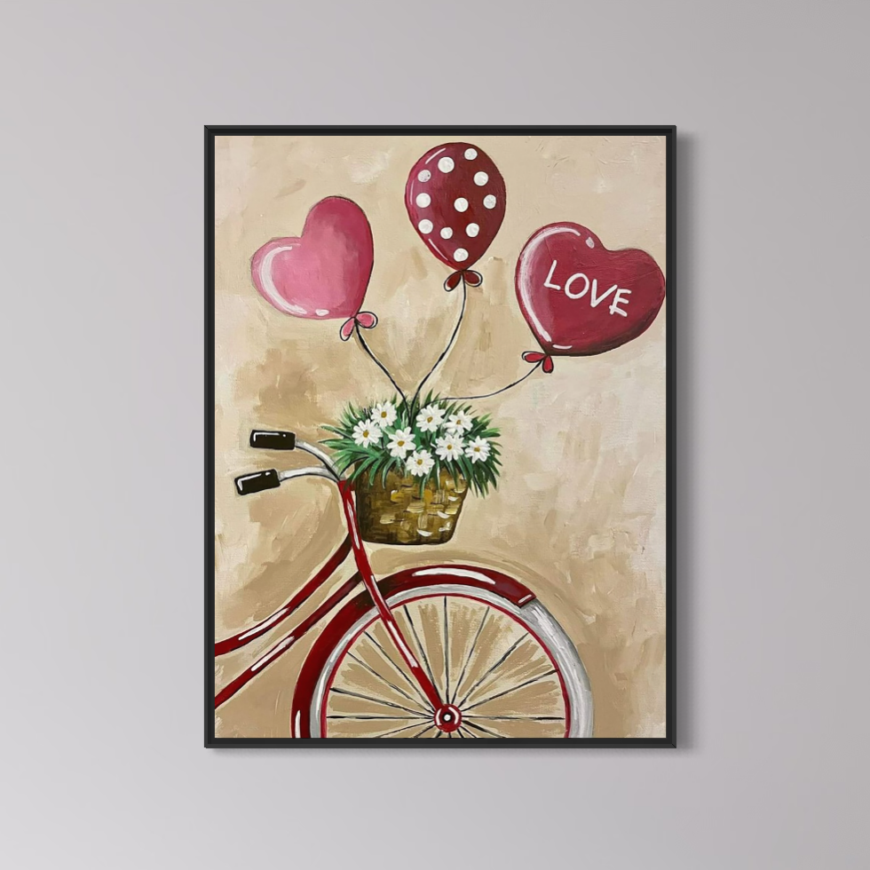 Tablou Canvas Premium, LuxCanva® E1084, Iubire pe Doua Roti, Dragoste, Inima, Flori, Iubire, Clasic, Vintage, Retro, Bicicleta, Plimbare, Drum, Calatorie, Living, Dormitor
