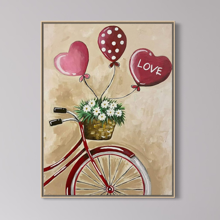 Tablou Canvas Premium, LuxCanva® E1084, Iubire pe Doua Roti, Dragoste, Inima, Flori, Iubire, Clasic, Vintage, Retro, Bicicleta, Plimbare, Drum, Calatorie, Living, Dormitor