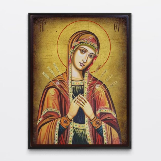 Tablou Canvas Premium, LuxCanva® H1068, Icoana Maicii Domnului cu Sapte Sageti, Icoana, Sageti, Ortodoxie, Protectie, Mantuire, Ajutor, Speranta, Casa, Protectie, Living, Dormitor