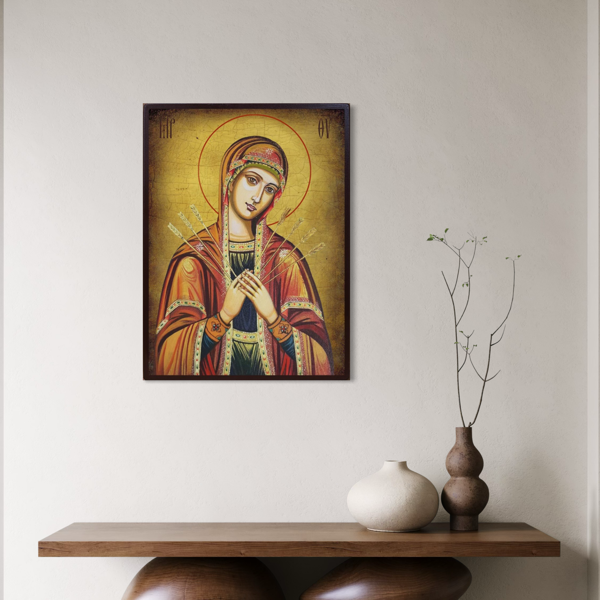 Tablou Canvas Premium, LuxCanva® H1068, Icoana Maicii Domnului cu Sapte Sageti, Icoana, Sageti, Ortodoxie, Protectie, Mantuire, Ajutor, Speranta, Casa, Protectie, Living, Dormitor