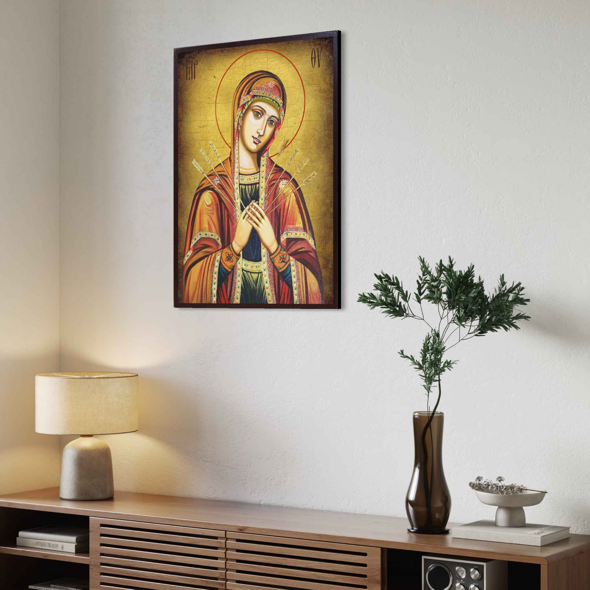 Tablou Canvas Premium, LuxCanva® H1068, Icoana Maicii Domnului cu Sapte Sageti, Icoana, Sageti, Ortodoxie, Protectie, Mantuire, Ajutor, Speranta, Casa, Protectie, Living, Dormitor