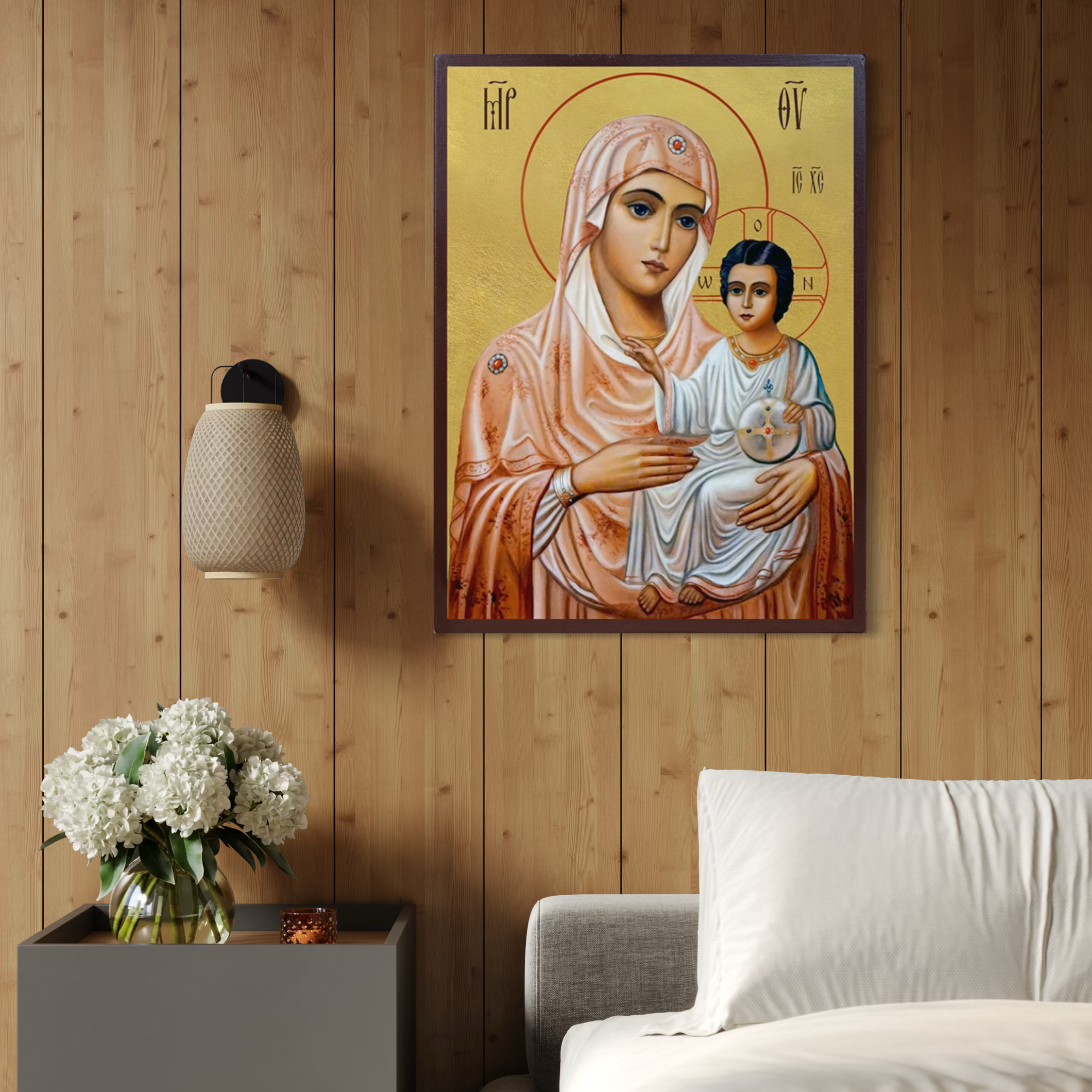 Imagine cu icoana ortodoxa maica domnului cu pruncul, tiparita pe panza canvas