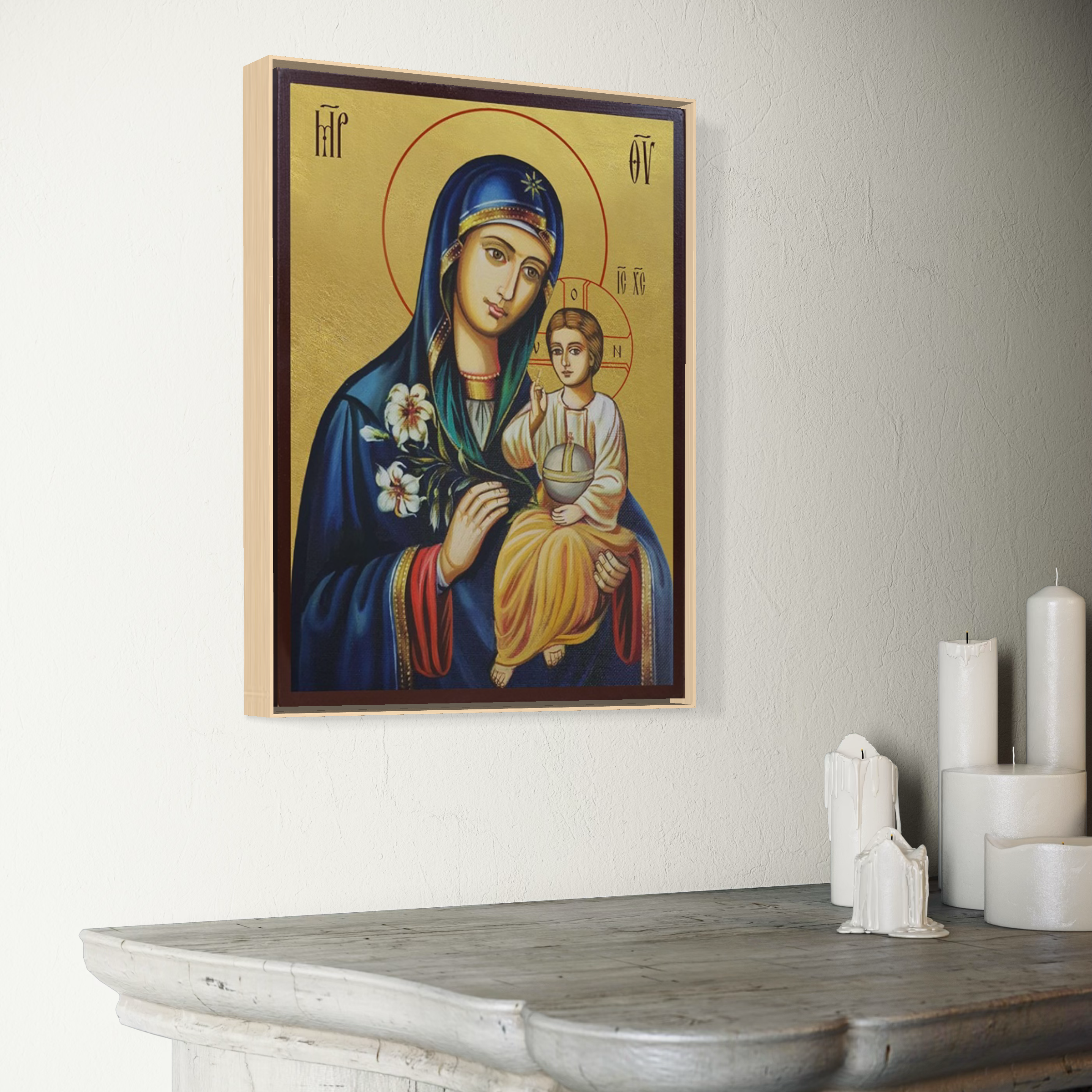 Tablou Canvas Premium, LuxCanva® H1074, Maica Domnului cu Floare de Crin,  Icoana, Puritate, Har, Prunc, Iisus, Planta, Mantuire, Mangaiere, Ortodoxie, Fecioara, Living, Dormitor