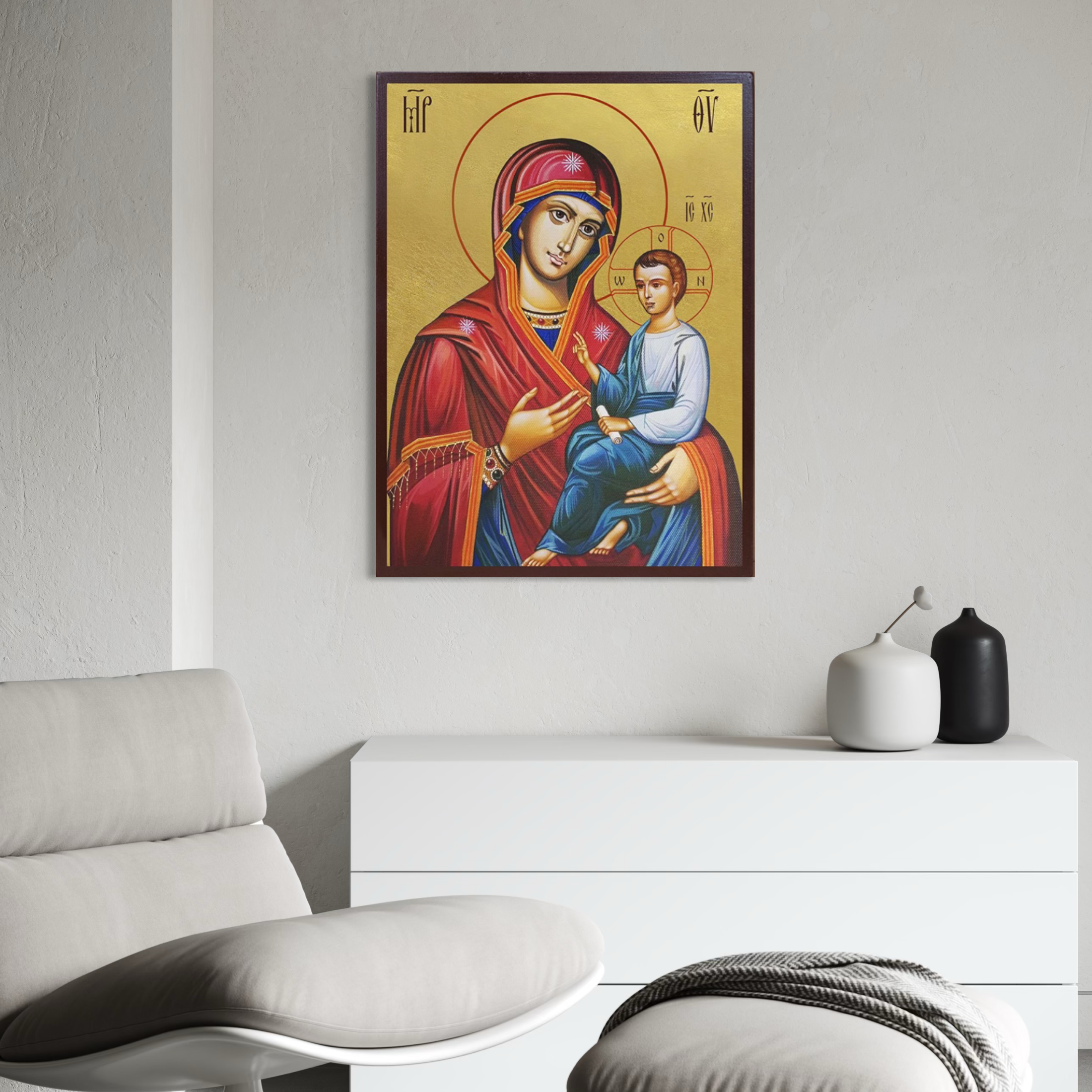 Imagine cu icoana ortodoxa maica domnului cu pruncul, tiparita pe panza canvas