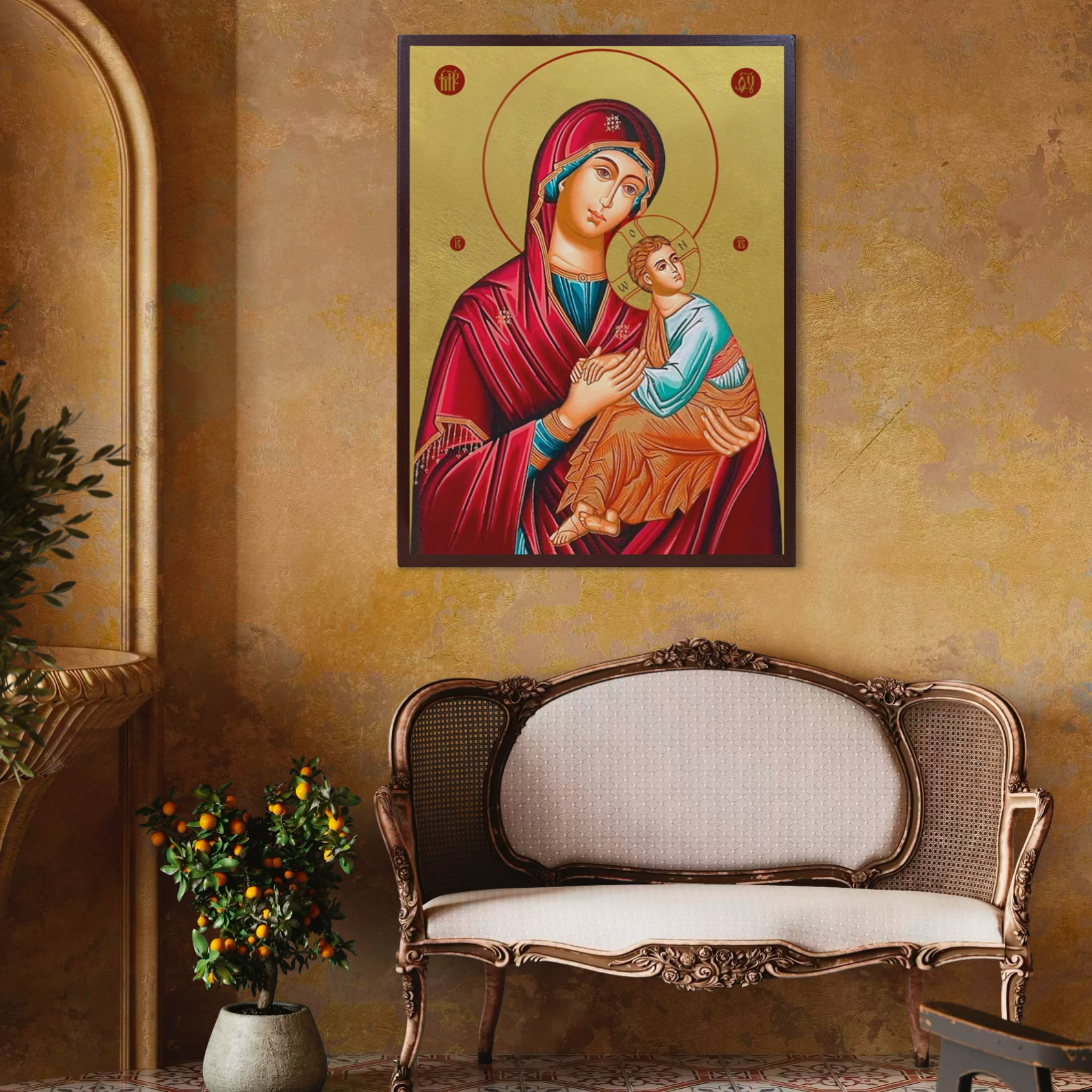 Imagine cu icoana ortodoxa cu maica domnului si pruncul, tiparita pe panza canvas