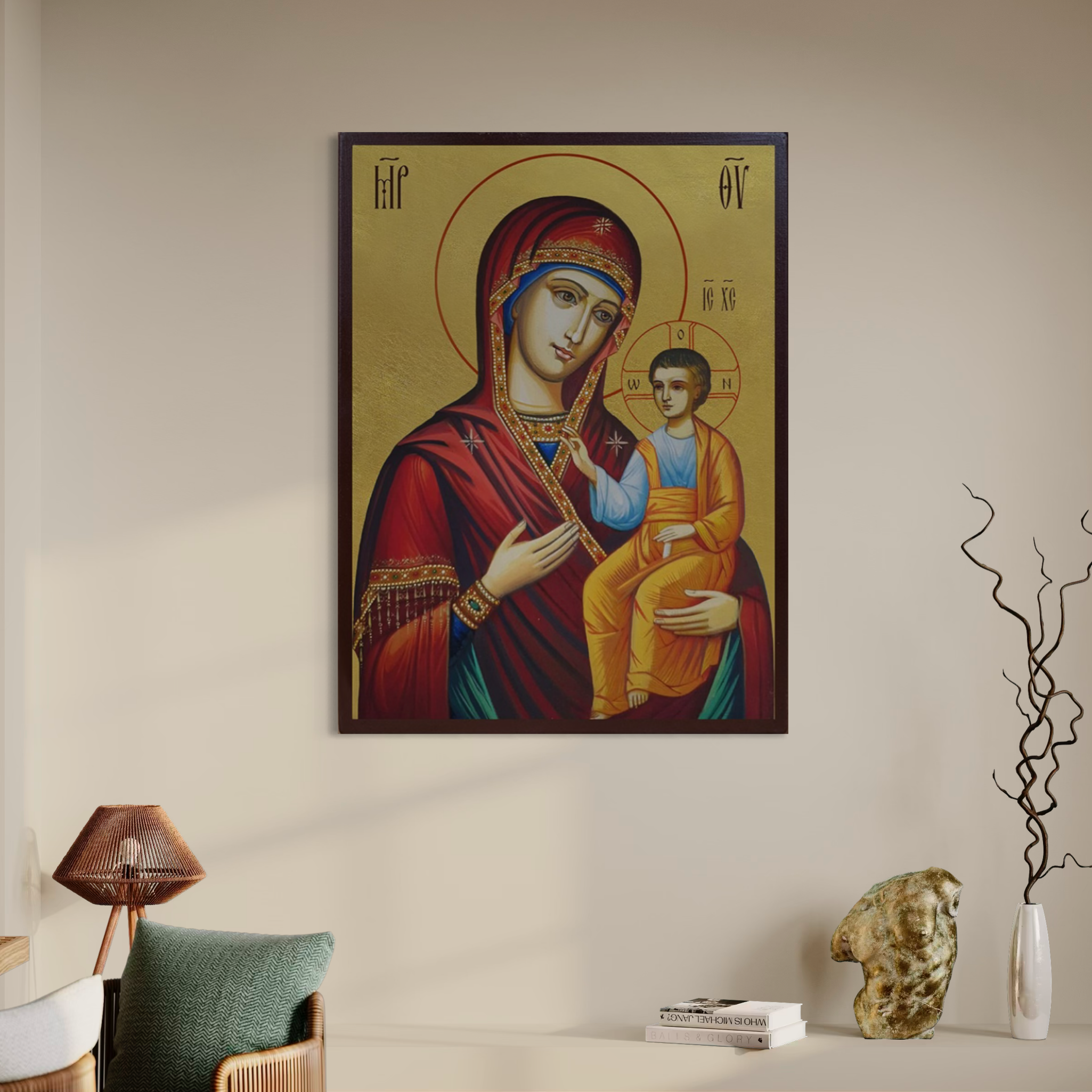 Imagine cu icoana ortodoxa cu maica domnului si pruncul, tiparita pe panza canvas