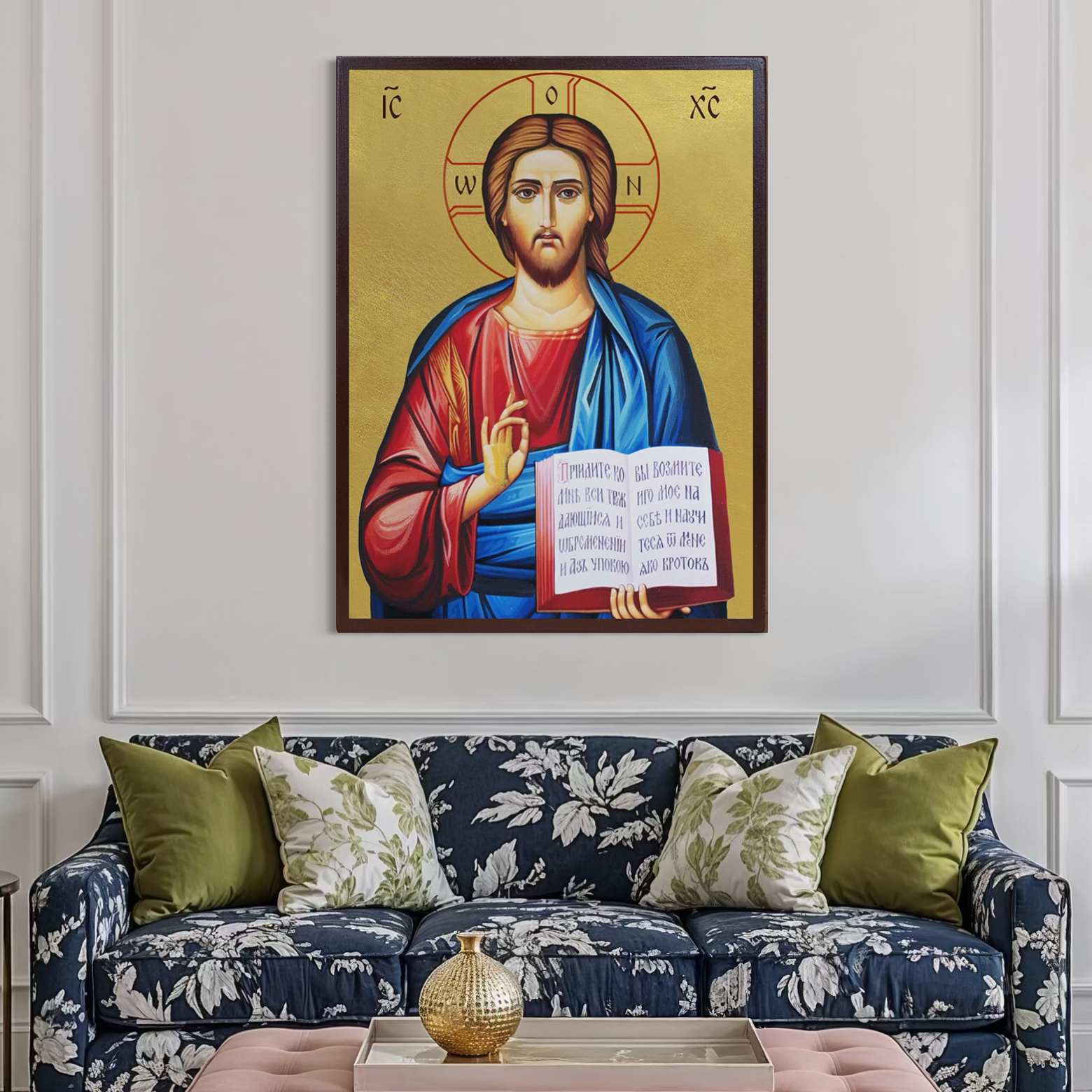 Imagine cu icoana pictata cu iisus hristos binecuvantat, tiparita pe panza canvas