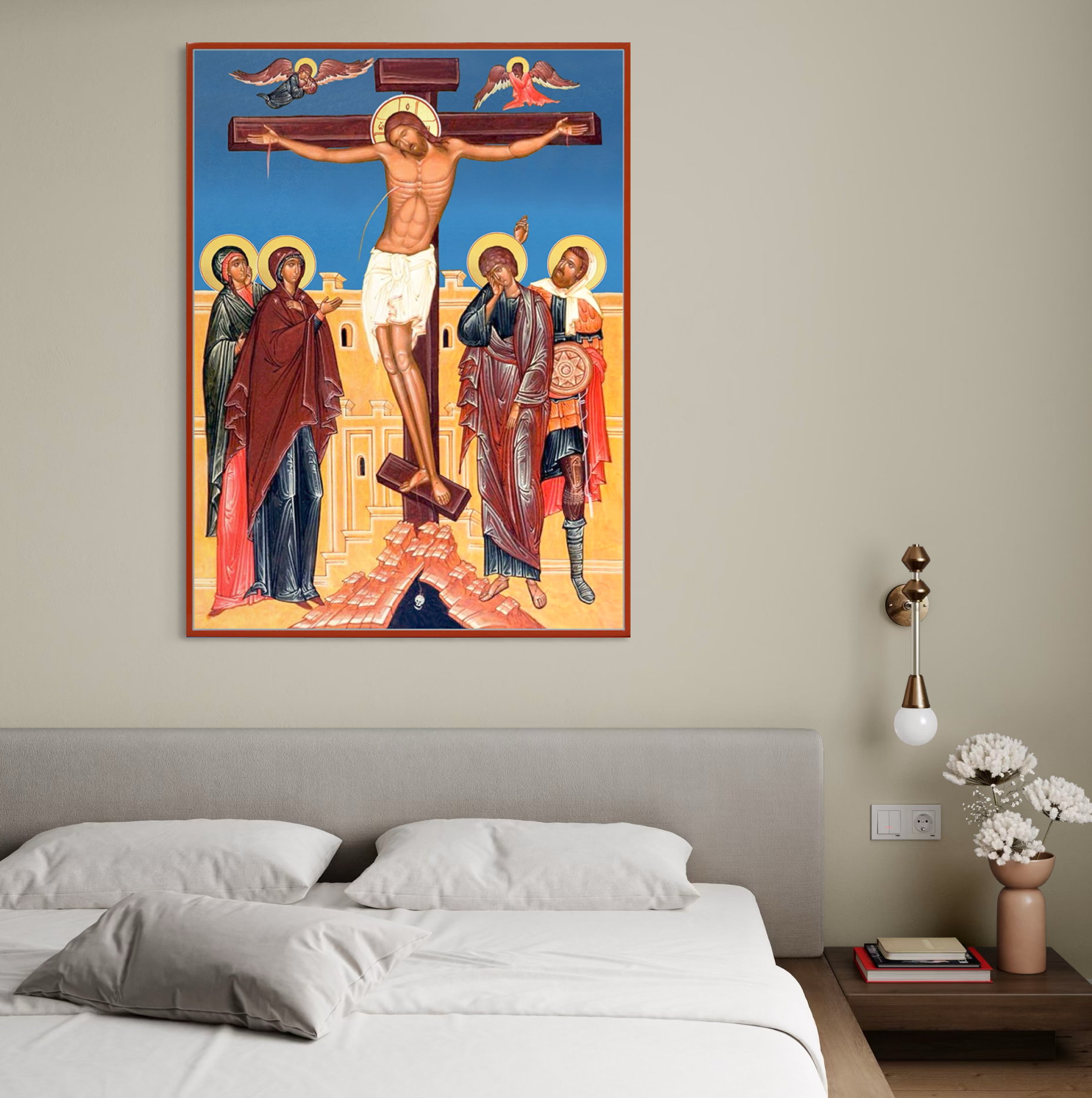 Imagine cu icoana bizantina cu rastignirea lui iisus, tiparita pe panza canvas