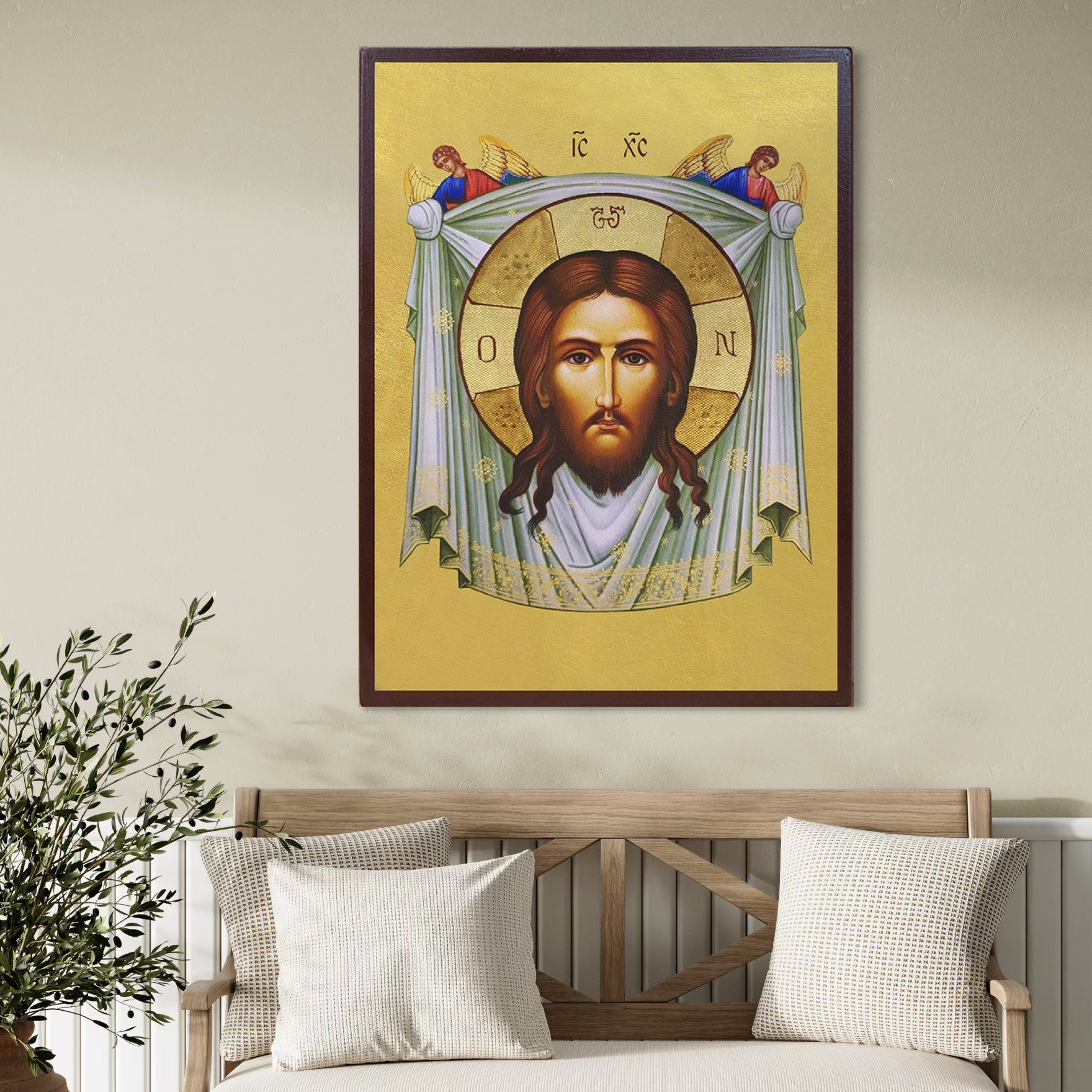 Imagine cu icoana cu portretul mantuitorului pe fundal auriu, tiparita pe panza canvas