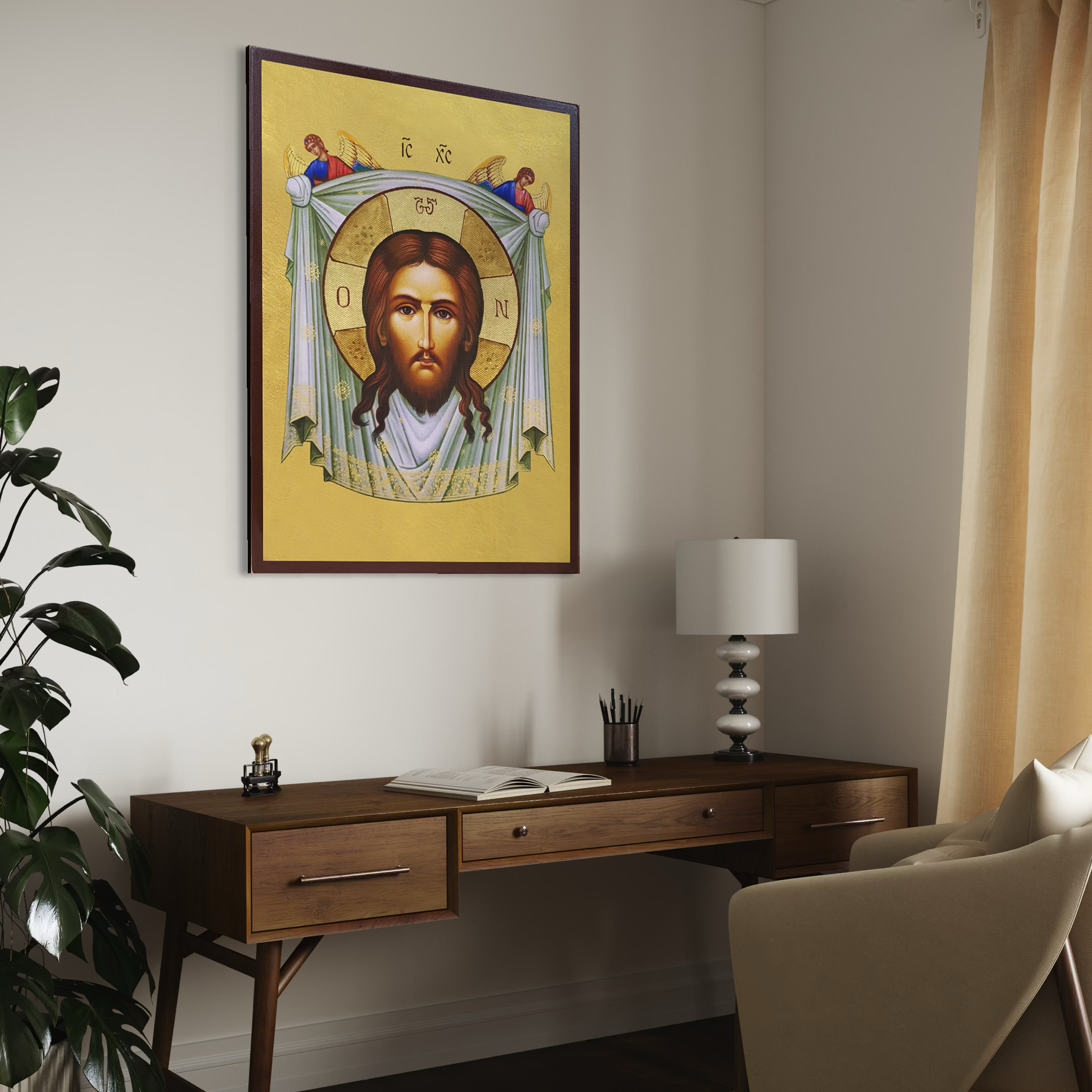 Tablou canvas cu icoana cu portretul mantuitorului pe fundal auriu