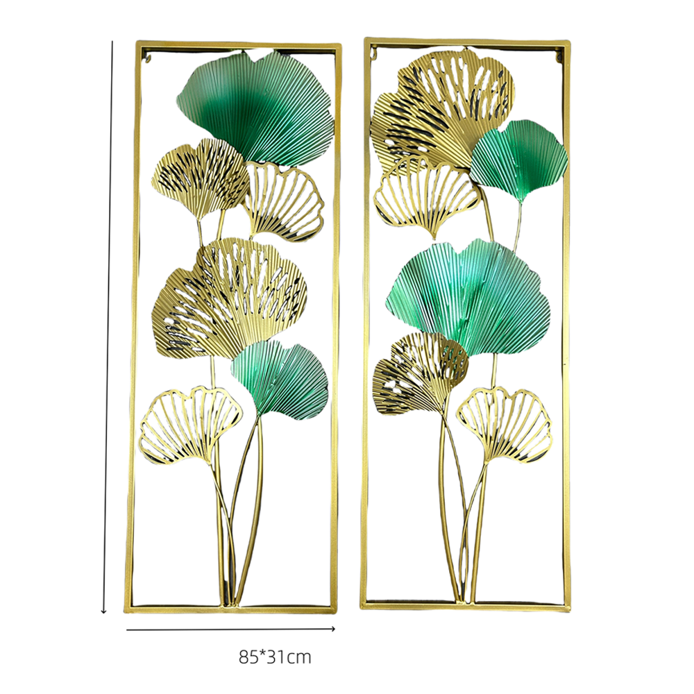 Set 2 Decoratiuni Metalice de Perete LuxCanva® TwinGinkgo A0822, din Metal, Verticale, Auriu, Verde, Dimensiune Mare 85 × 31 cm