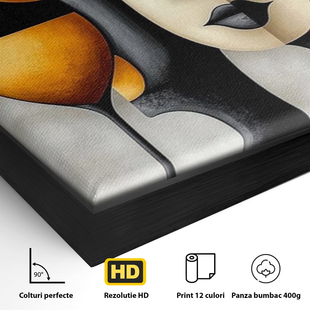 Detaliu al suprafetei: tablou canvas cu portret cubist si pahare, in rama de aluminiu negru