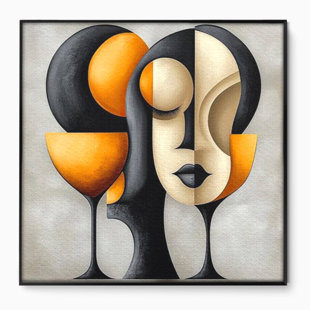 Tablou canvas cu tablou canvas cu portret cubist si pahare, in rama de aluminiu negru