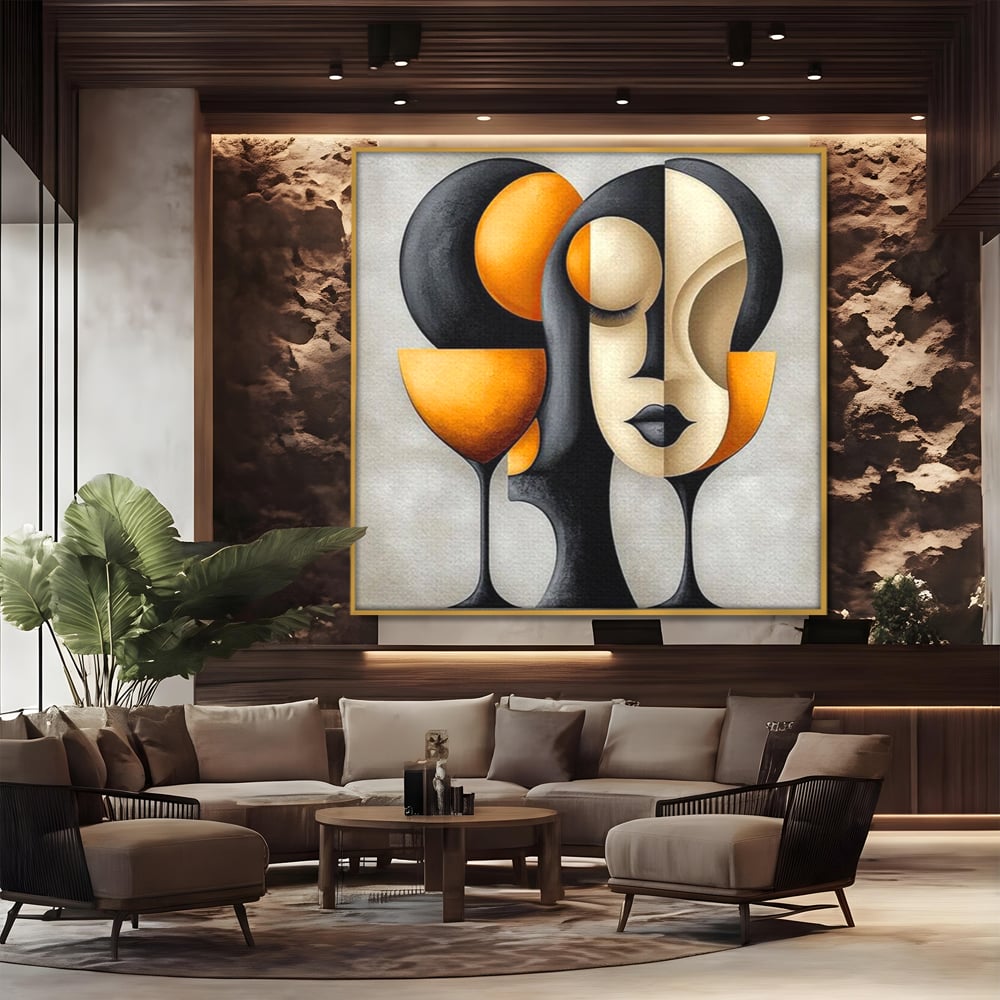 Tablou canvas cu tablou canvas cu portret cubist si pahare, in rama de aluminiu auriu, pe perete intr-un birou