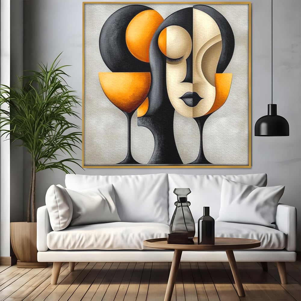 Tablou canvas cu tablou canvas cu portret cubist si pahare, in rama de aluminiu auriu, pe perete intr-un living
